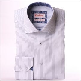 White shirt with thin blue stripes, white and navy blue floral pattern collar and cuffs