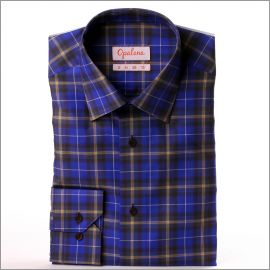 Purple, yellow and brown checkered button-down shirt