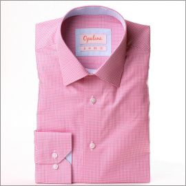 Dark pink gingham shirt with light blue gingham collar and cuffs