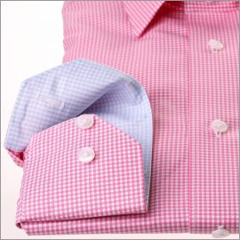 Dark pink gingham shirt with light blue gingham collar and cuffs