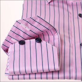 Navy blue, pink and white striped shirt with navy blue buttons