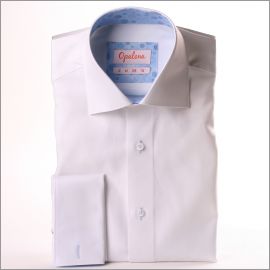 White french cuff shirt with blue circular pattern collar and cuffs