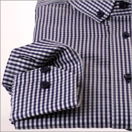 Navy blue and white gingham button-down shirt