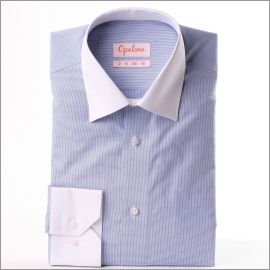 White and blue houndstooth shirt with white collar and cuffs