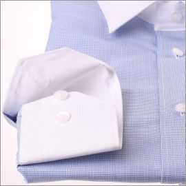 White and blue houndstooth shirt with white collar and cuffs
