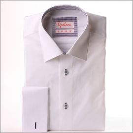 Blanco camisa de puño francés con cuello y puños de rayas púrpura, gris y blanco