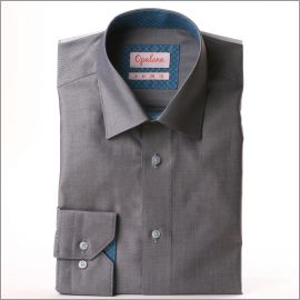 Grey shirt with grey-blue spotty collar and cuffs