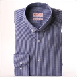 Navy blue and white gingham shirt with a button-down collar