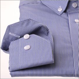 Navy blue and white gingham shirt with a button-down collar