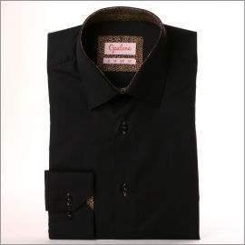 Chemise noire à col et poignets à motifs fleuris beiges