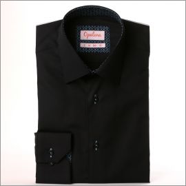 Black shirt with blue pattern collar and cuffs