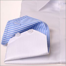 camisa de espina de pescado blanco con cuello y puños de la raya azul