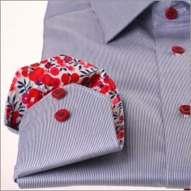 Dark blue shirt with red floral collar and cuffs