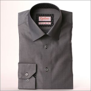 Grey shirt with black and grey patterned collar and cuffs