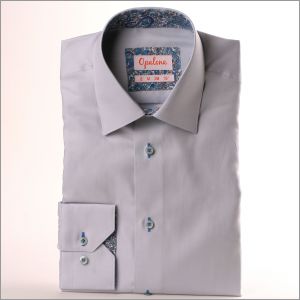 LIght grey shirt with blue paisley collar and cuffs