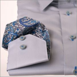 LIght grey shirt with blue paisley collar and cuffs