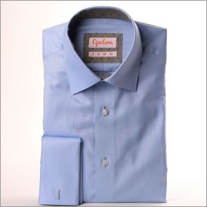 Blue shirt with grey dot collar and cuffs