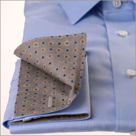 Blue shirt with grey dot collar and cuffs