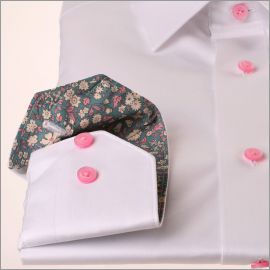 Chemise blanche à col et poignets gris à fleurs