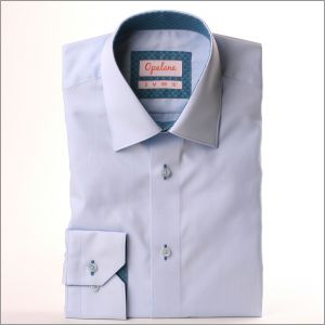 Light blue shirt with grey-blue spotty collar and cuffs