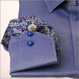 Donkerblauw Oxford-shirt met blauwe gebloemde kraag en manchetten