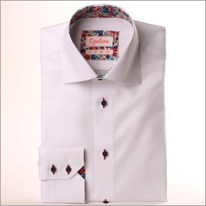 White shirt with red and purple floral collar and cuffs