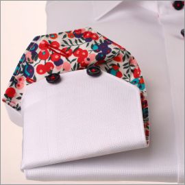 White shirt with red and purple floral collar and cuffs