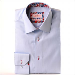 Light blue shirt with red and blue floral collar and cuffs