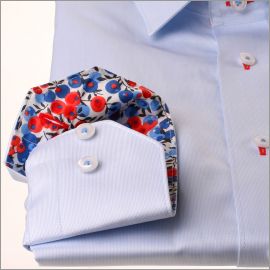 Light blue shirt with red and blue floral collar and cuffs