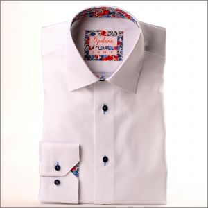 White shirt with red and blue floral collar and cuffs