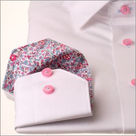 White shirt with pink floral collar and cuffs