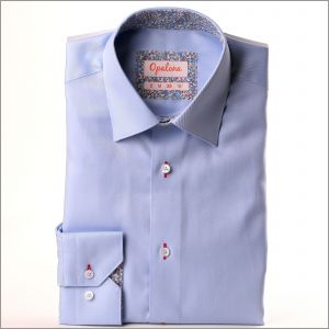 Light blue shirt with blue floral collar and cuffs