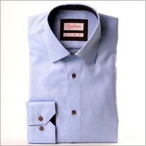 Light blue shirt with brown collar and cuffs