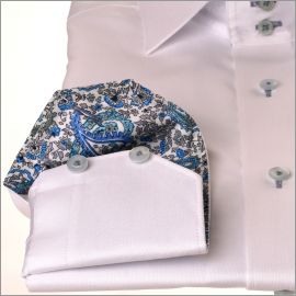 White shirt with blue arabesque collar and cuffs