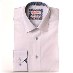 White shirt with blue arabesque collar and cuffs