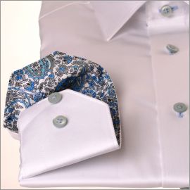 White shirt with blue arabesque collar and cuffs