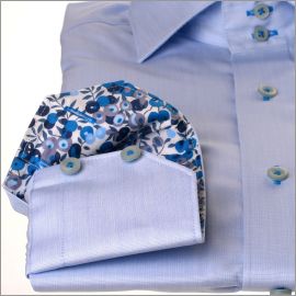 Light blue shirt with blue buds collar and cuffs