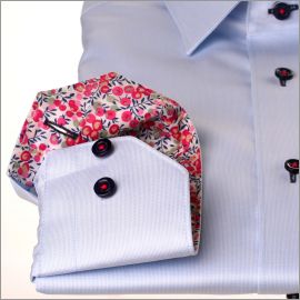 Light blue shirt with pink buds collar and cuffs