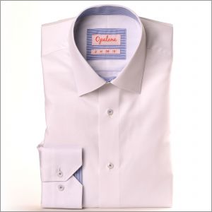 White shirt with blue striped collar and cuffs