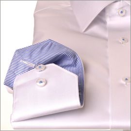 White shirt with blue striped collar and cuffs