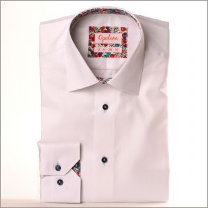 White shirt with red, pink and purple floral collar and cuffs