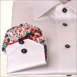 White shirt with red, pink and purple floral collar and cuffs