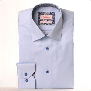 Light blue shirt with blue floral collar and cuffs