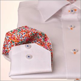 White shirt with multicolor floral collar and cuffs