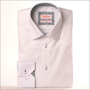 White shirt with navy floral collar and cuffs