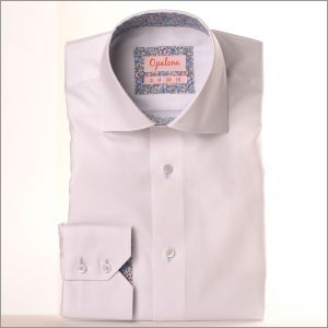 White shirt with blue floral collar and cuffs