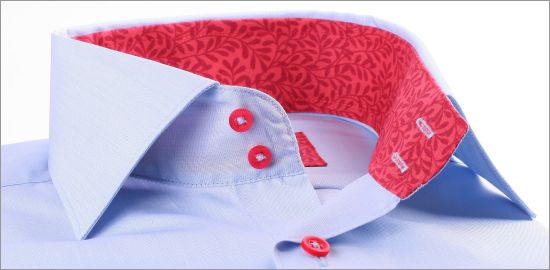 Blue slim fit shirt with red patterns collar and cuffs and red buttons