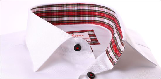 White shirt with red, black and white tartan collar and cuffs