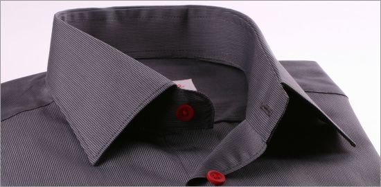 Dark grey striped shirt with red buttons