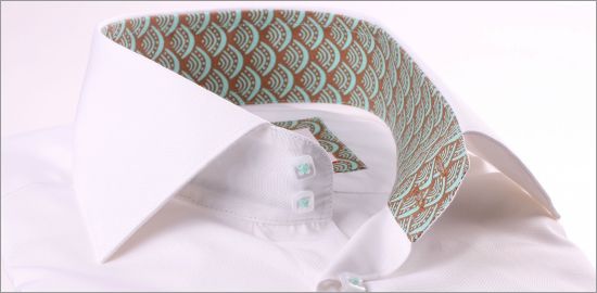 White shirt with beige and blue patterns collar and cuffs